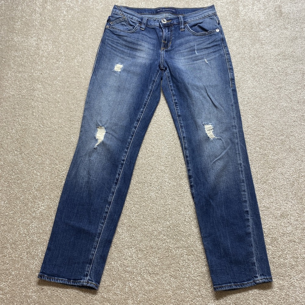 Rock & Republic Indee Jeans Womens 4 Medium Blue Distressed Straight Leg R012453